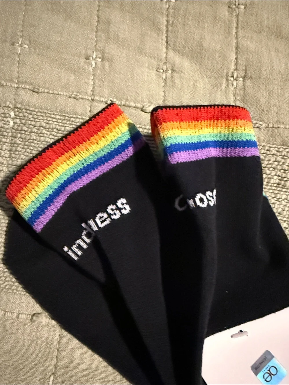 5/$25 QE Black Crew Socks with Rainbow Accent “choose kindness” NWT